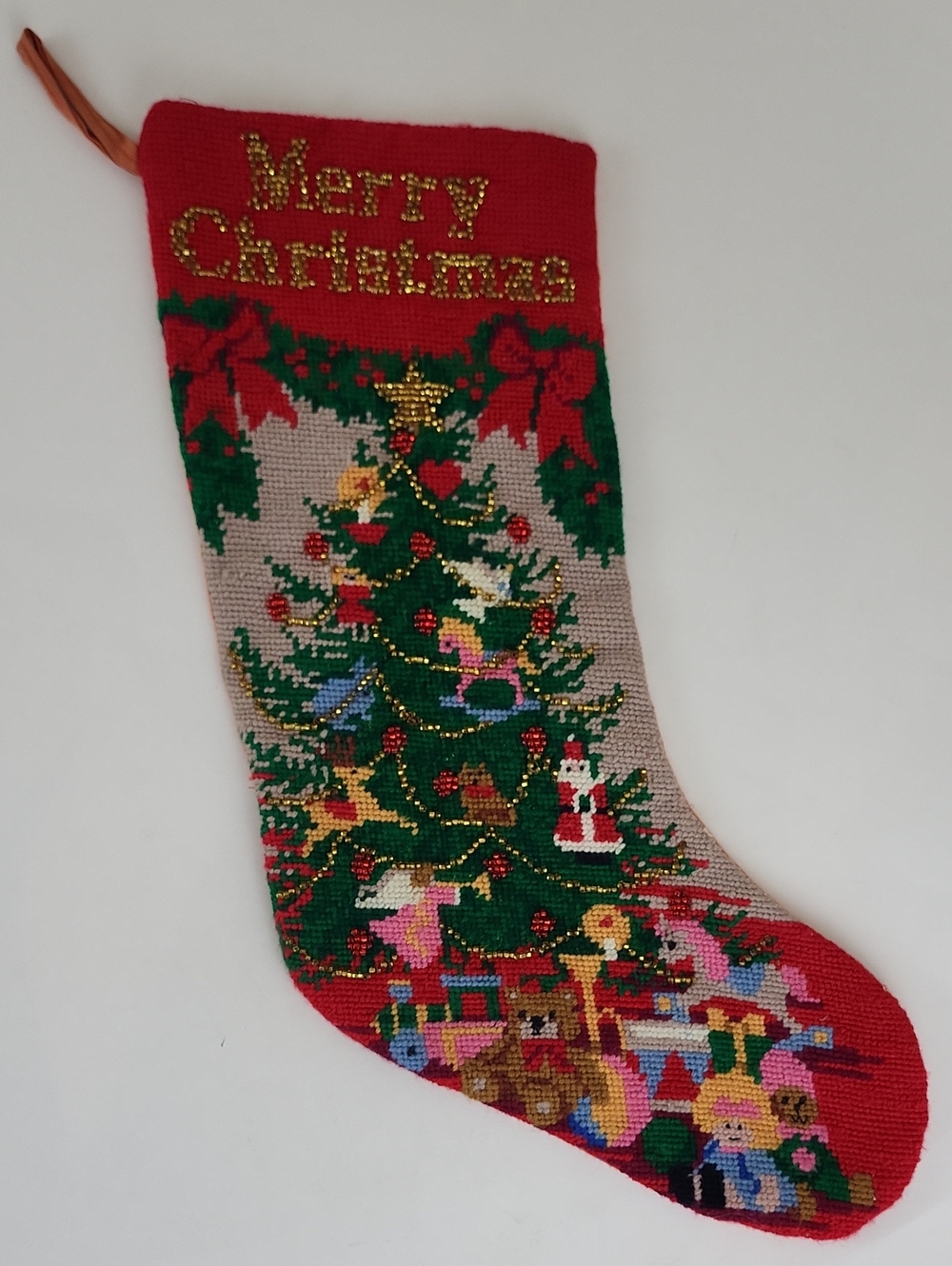 Vtg Needlepoint Merry Christmas Tree Stocking Beaded Garlands Teddy Bears Toys